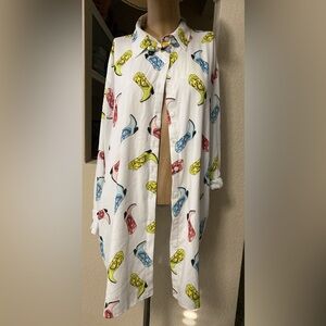 White Long Button-Up Shirt Dress with Colorful Shoe Print